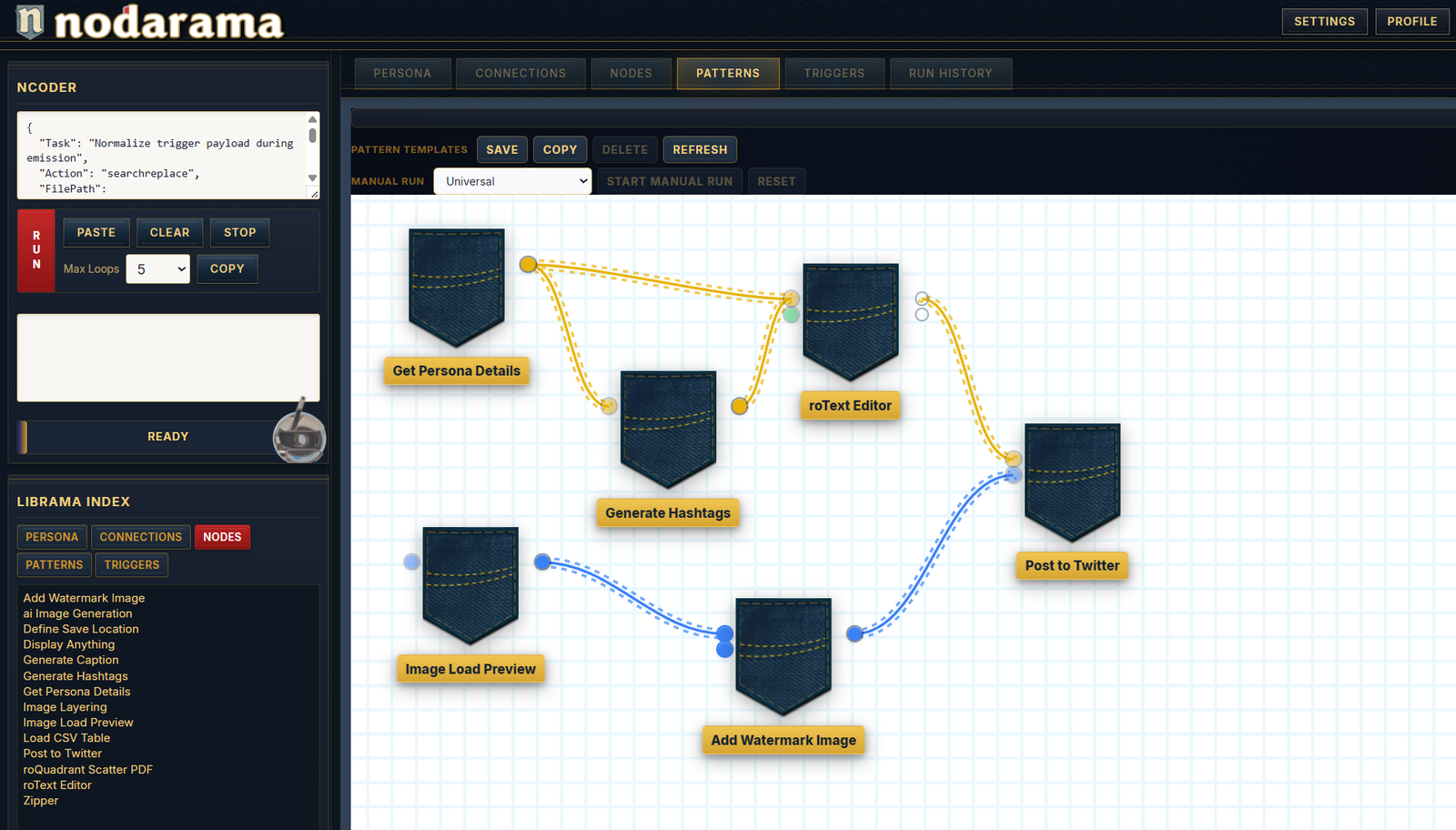 Atelier pattern builder — node workflow